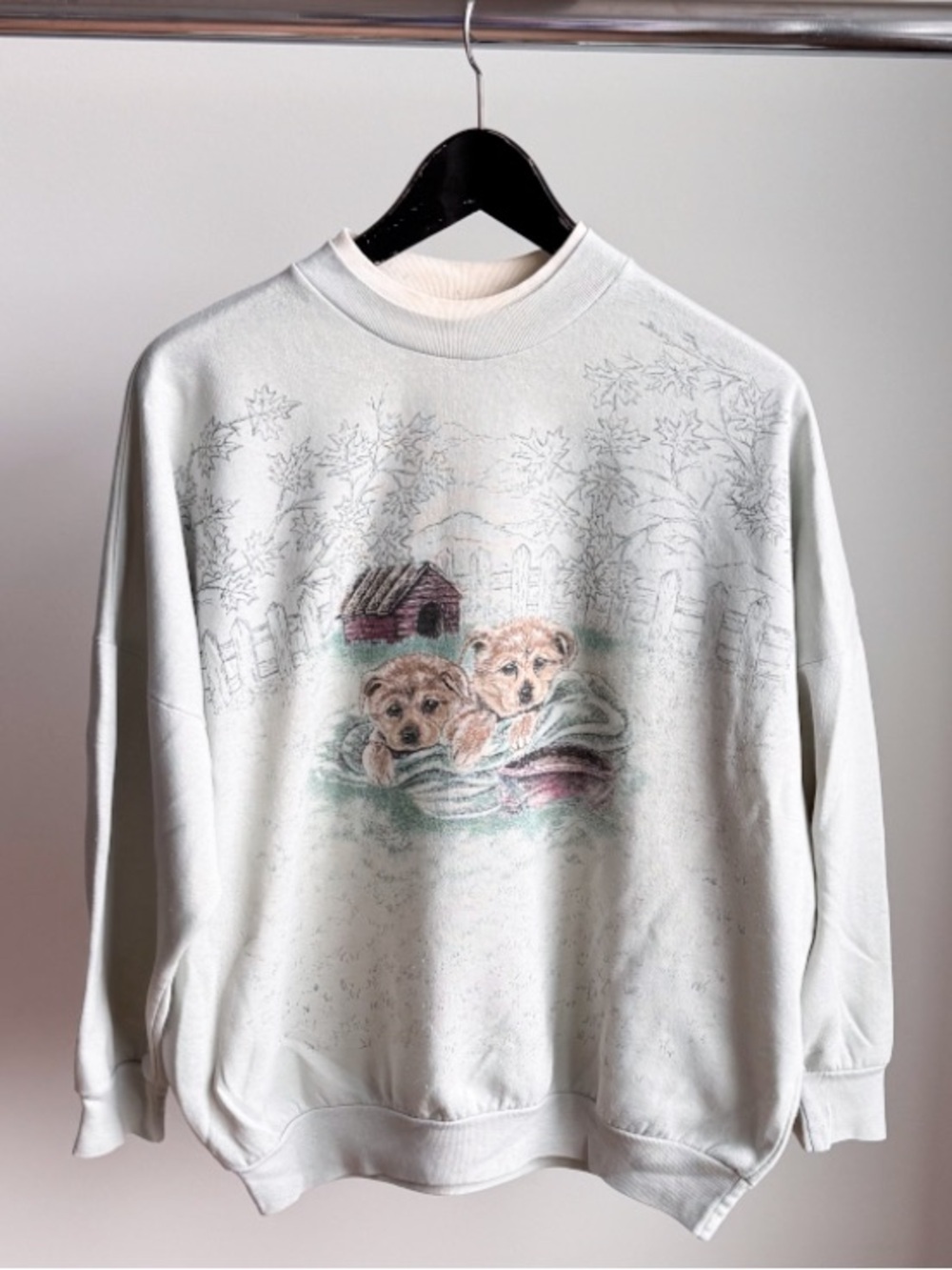 Vintage 90s Essential Needs Puppy Sweatshirt Pale Green Cottagecore Distressed